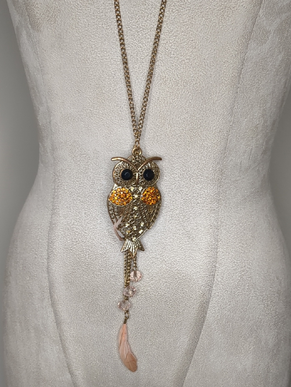 3/$15 Y2K Boho Long Owl Necklace Lariet Feathers & Beads Brass Tone 36" By Etc!